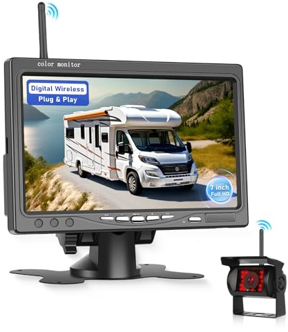 Hodozzy Caméra de Recul Numérique sans Fil avec Ecran IPS 7 Pouces, IP68 Caméra de recul étanche,Signaux Numériques Stables,Vision Nocturne IR 1080P, Prise en Charge de BSD/Aide au Stationnement