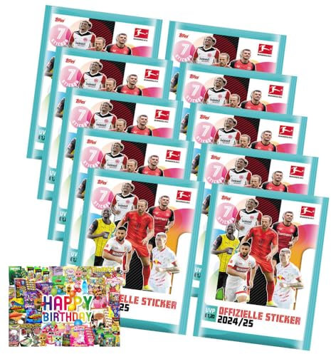 Bundle mit Topps Bundesliga Sticker 2025 - Fußball Sammelsticker - AUSWAHL + Exklusive Geburtstagskarte (10 Tüten)