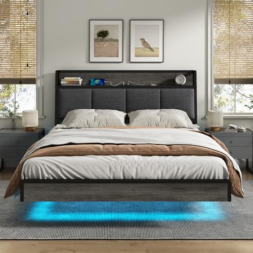 KIMENICH Bett 140 x 190, Bett mit LED-Beleuchtung, Polsterbett 140x190, Schwebender visueller Effekt, Ladestation, Bettgestell mit Lattenrost, für Schlafzimmer, Gästezimmer, Leinenstoff Grau