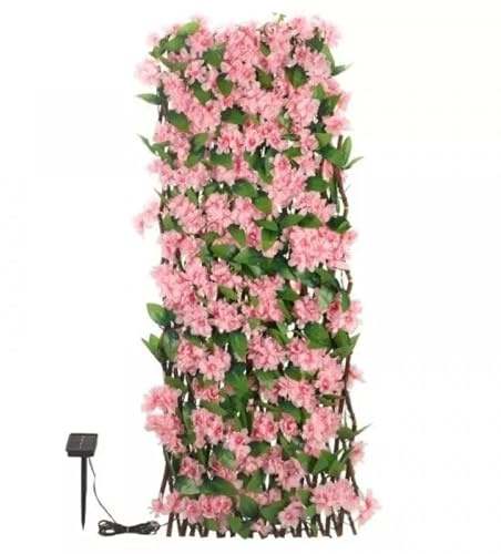 HMIR Expanding Solar Light Pre Lit Blossom Flower Trellis, Privacy Fence Screening Garden Decoration, Faux Trellis in-Lit, Solar String Lights Outdoor Garden, Home Decor, (180x90cm) (Pink)