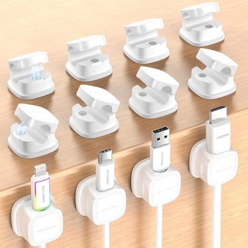 Rocoren Kabelhalter Selbstklebend kabelhalter Starker Magnetisch Kabelmanagement Kabelclips Organizer Holder für Schreibtisch, Nachttisch, Office, Büro, Ladekabel, HDMI, Audiokabel 12 Stück Weiß