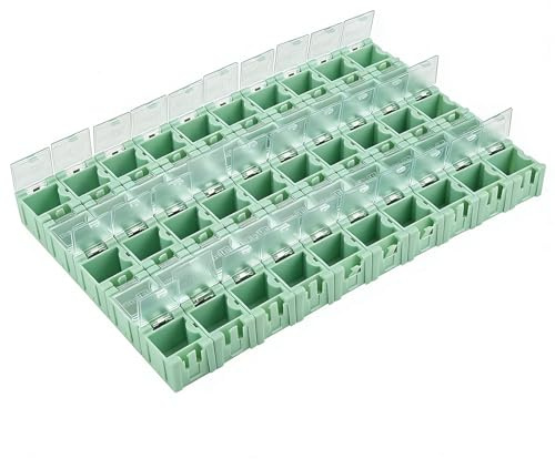 Uadme SMD Container, 50 Stück SMT SMD Sortimentskasten, Mini Elektronik Aufbewahrungsbox mit Transparenter Abdeckung, Selbstsichernde Schnalle, Grün