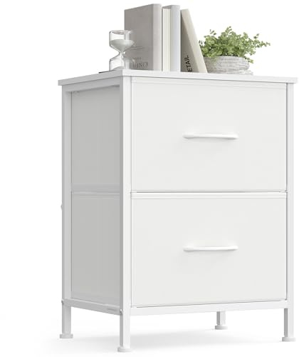 SONGMICS Bedside Table with 2 Non-Woven Fabric Drawers, Steel, MDF, for Bedroom, Side Table, Cloud White and Snow White LGS312WH01