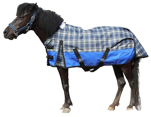 Leberna 600D wasserdichte Ripstop-Poly-Miniatur-Pferdedecke, leichte Regendecke, für Pony, Mini-Shetlandpferd, 0 g Füllung, blau kariert, 90 cm