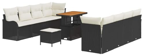 vidaXL 11-teiliges Garten-Sofaset mit Kissen in Schwarz aus Poly Rattan – Outdoor-Sitzmöbel für Lounge, Patio und Terrasse, modern, modular und wetterfest.