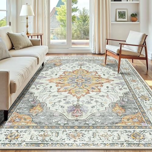 INOVADAY Machine Washable Rugs 180x270 cm Vintage Area Rug Low Pile Anti-Slip Carpet with Print Pattern for Living Room Bedroom Home Office Indoor Yellow/Grey/Orange/Purple