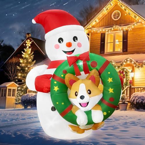 Fayavoo 1.8 M Aufblasbare Weihnachtsdeko Aussen, Lustiger Schneemann Aufblasbar mit Corgi im Kranz, Outdoor Weihnachtsdeko Schneemann Deko Außen mit LEDBeleuchtung für Garten, Balkon & Draußen