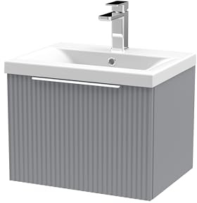 Balterley Vanity Unit with Basin Wall Hung, Single Drawer Soft Close with Mid Edge Sink and Handle, Bathroom Vanity Units with Basin, Fluted Front Sink Cabinet - 510 x 390 x 399mm (Grey)