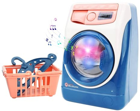 DIELIANHUA Lavadora Juguete Niño Electrónica con Sonidos Realistas y Luz Juego de Lavandería con Cesta de la Ropa y Perchas Juguetes del hogar para Niñas y Niños (Azul)