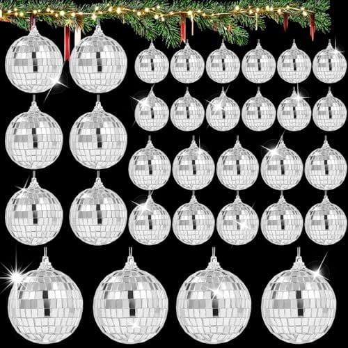 GETRICH 32 Stück Discokugeln Set, Silber Mini Discokugel Deko | 2,3cm 3cm 4cm 5cm Glänzend Discokugel Klein mit Seil, Discokugel für Kuchendekoration, Urlaubsdekoration, Bar, Party