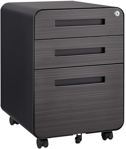 Rollcontainer Aktenschrank Aus Metall mit 3 Schubladen und 5 Rollen, Büroschrank Abschließbarer, Unter Schreibtisch, Büroschrank für Zuhause und Büro, 46×40×58cm (Schwarz + Grau)