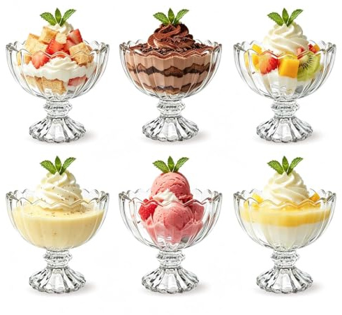 TOLASTO Ice Cream Bowls Set of 6,210ml Glass Dessert Bowls,Clear Footed Sundae Glasses,Vintage Dessert Cups for Trifle,Pudding,Fruit Salad,Mousse and Prawn Cocktail,Dishwasher Safe