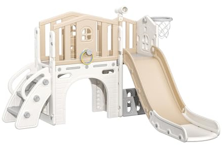 Warmiehomy 6 in 1 Kids Slide with Basketball Hoop, Ring Toss, Telescope, Storage Basket, Toddler Slide, Indoor Outdoor Playground Activity Center Birthday for 1-3 Year Kids Baby