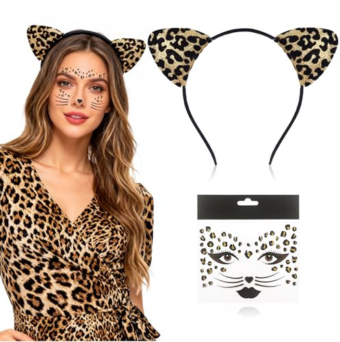 Leoparden Kostüm Damen,Leoparden Ohren Haarreif Leopard Gesichtstattoo | Fasching Haarreifen Karneval Leo Tattoo Gesicht Aufkleber Set,Art Face Sticker Katzenohren Tiger Ears,für Erwachsene Tier Cos