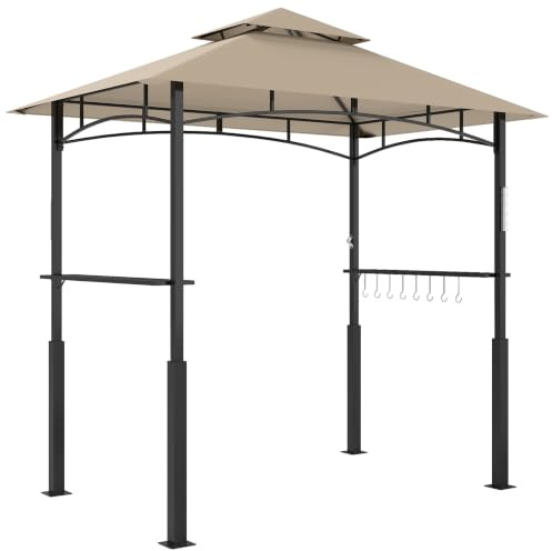 Outsunny 8'x5' Grillpavillon Doppelstöckig Outdoor BBQ Khaki | LED-Licht, 2 Seitenregale, Haken, Flaschenöffner, für Terrasse Deck Garten