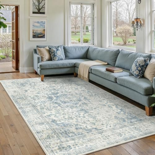 PureCozy Vintage Waschbarer Teppich Wohnzimmer 160x230cm Blau rutschfest | Wohnzimmerteppich Rutschfest Carpet,Weich,Teppiche Schlafzimmer Bettvorleger Küche Büro Tepich Kurzflor Groß Rug