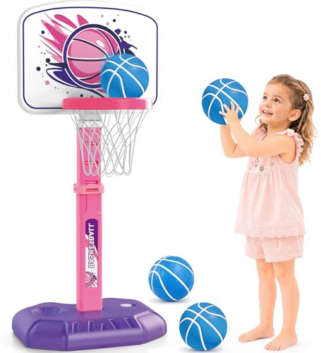 YESHIN Basketballkorb Kinder Indoor Outdoor, Tragbares Basketballkörbe mit Spaß-Panel, höhenverstellbar 77–140 cm, Stabile Basis, 4 Basketballs & Pumpe, Spielzeug für Jungen Mädchen 3-8 Jahre (Rosa)