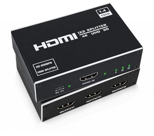 HDMI Splitter 1 in 3 Out 4K UHD 1080P HDCP 1.4 3D Aluminium für 3 Monitore | Plug&Play, kompatibel mit TV, DVD, Spiel, Streaming, HDCP 1.4, 3D, UHD, 1080P, stabil & langlebig
