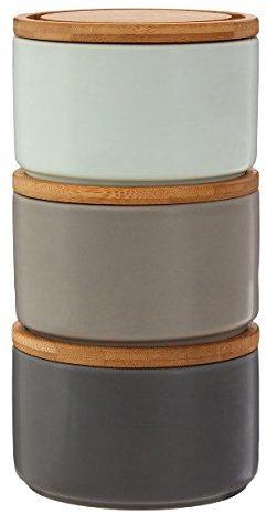 Premier Housewares Storage Canisters, Stackable, Grey/Pale Blue/Bamboo Lids - Set of 3, 12x12x8cm