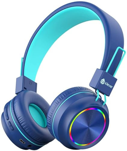 iClever Bluetooth Kinder Kopfhörer, Bunte Lichter LED, 94dB Lautstärkebegrenzung, Faltbare, Einstellbar, Kabellos und Kabel, Eingebautes Mikrofon für PC, Tablet, Kindle