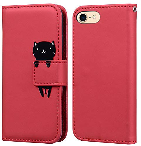 Ailisi Cover per iPhone 7/8/SE 2020/SE 2022, Red Flip Cover Cartoon Cute Cat Custodia Protettiva Caso Libro in Pelle PU con Portafoglio, Funzione Supporto, Chiusura Magnetica - Gatto, Rosso Scuro