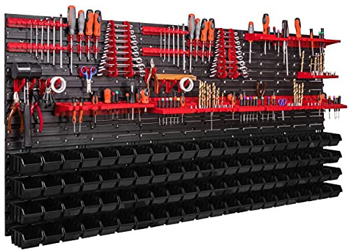 Etagère murale à outils 1728 x 780 mm - Boîte à outils empilable - Rails de fixation pour garage, entrepôt, atelier, loisirs - 88 boîtes noires