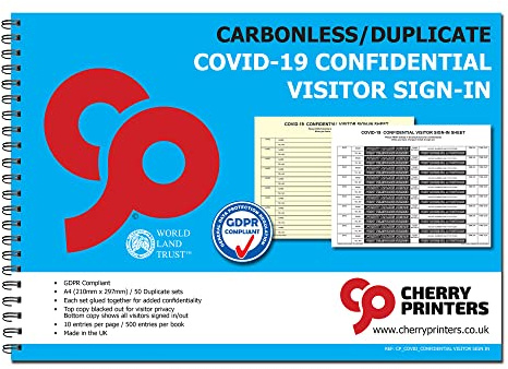 Cherry Printers GDPR Compliant Confidential Visitor Sign In for COVID-19 Duplicate Book A4 50 Sets