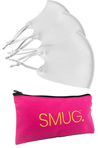 SMUG Verstellbarer, waschbarer und wiederverwendbarer Gesichtsschutz | Mit rosa Aufbewahrungstasche | 3er-Pack | Anti-Rutsch-Nasen- und Mundschutz | Premium-Stoff | Hautfreundliches Tuch | Weiß