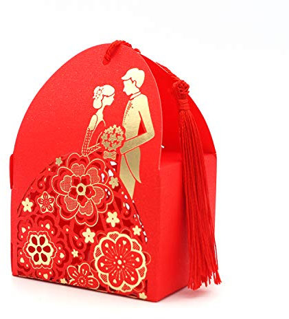 ChicResult Gastgeschenkbox Hochzeit - 25x Box + 25x Quaste, ideal als stilvolles Süßigkeiten Gastgeschenk für Hochzeit, Nisan, Verlobung, Danksagung oder Tischdeko (rot-gold)