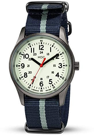 Infantry MDC Armbanduhr für Herren, leuchtet im Dunkeln, 12/24-Stunden-Militäruhr, Feld, Outdoor, Sport, Herren-Armbanduhr, wasserdicht, mit NATO-Band, schwarz / blau, Armband