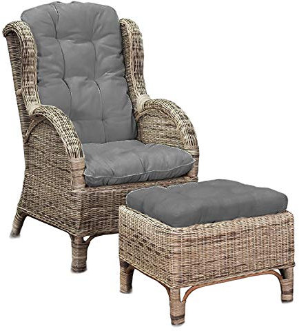 Mojawo Luxus Relaxsessel Korbsessel Ohrensessel mit Fußhocker aus Rattan, inkl. Polster in dunkelgrau Gartensessel Rattansessel mit Hocker