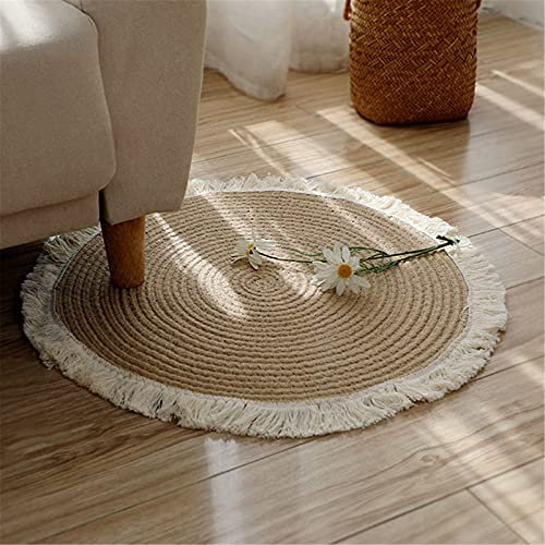 SWECOMZE Jute Teppich mit Quaste Handmade Geflochten Rund Teppich Fur Wohnzimmer,Schlafzimmer,Badezimmer,Kinderzimmer Tatami Bauernhaus (100 * 100cm)