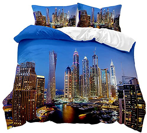 Mateju Bettwäsche 3 teilig Microfaser, Weiche Bettbezüge Set Bettwäsche Set 3D Gebäude Landschaft Bettwäsche-Set mit Reißverschluss 1 Bettbezug und 2 80x80cm Kissenbezug (Lebendiges Dubai,135x200cm)