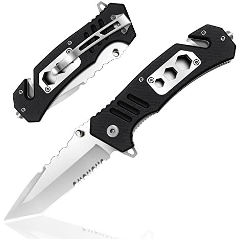 HONZIN 6-En-1 Couteau de Poche 3Cr13 en Acier Inoxydable Multitool avec Clip Ceinture, Poignée G10, Couteau Pliant Portable de Sauvetage de Survie pour Camping en Plein Air Randonnée
