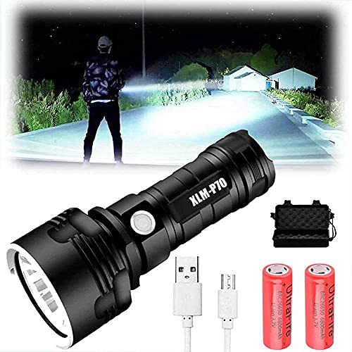 XKSW XLM-P70 Lampe Torche LED,30000-100000 Lumens Lampe de Poche Militaire Tactique Ultra Puissante Étanche Torche,Lampe Torche Rechargeable USB (50W-XLM-70, Double batterie), (P70/L2)