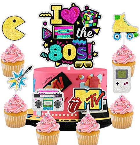 Together Back To The 80s Cake Topper Set – Retro Throwback Theme I love 80s Honeycomb Roller Disco Radio Happy Birthday Hip Hop Party Dekorationen – Ein Tortenaufsatz und 6 Cupcake-Topper