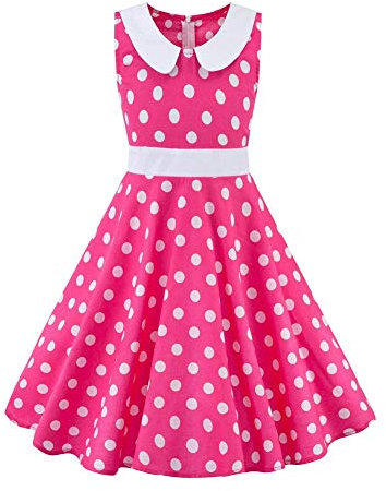 IWEMEK Robe Cérémonie Vintage Fille Enfant Rockabilly Année 50/60 Retro à Pois Polka Dot Floral Pin Up de Soirée Fête Cocktail Noël Mariage A-Ligne Midi #Pois Rose Rouge 11-12 Ans