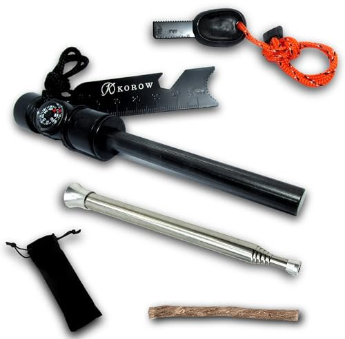 Allume Feu Survie - Pierre a Feu Manche PVC Noir Boussole et Sifflet - 2 Grattoir + Soufflet INOX + Pochette - Allumage Rapide pour Camping Randonnée Kit Fire Steel Fire Starter
