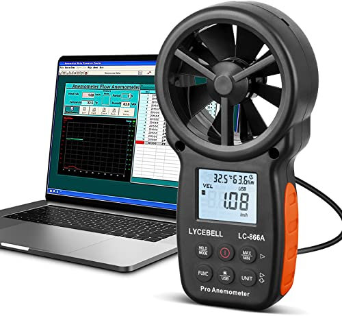 LYCEBELL Handheld Anemometer, LC-866A Digital Windmesser Misst Windgeschwindigkeit/Temperatur/Relativer Luftfeuchtigkeit, mit USB-Anschluss an PC, für CFM Windsurfen Segeln Angeln