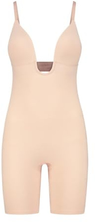 Bye Bra Sculpting Bodysuit Deep V, Laser Cut Edges, Silicone Straps, Wire-Free Cups, Shapewear For Women, Mid Waist Shapewear, Sculpting Collection, Beige, S