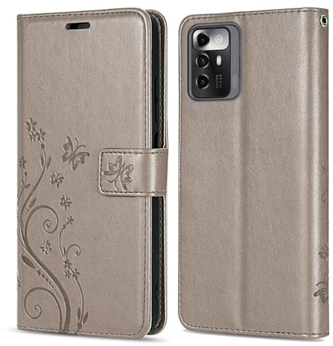 betterfon Hülle Kompatibel mit ZTE Blade V40 Vita | Premium PU Leder Handyhülle Wallet Case für Blade V40 Vita | Schutzhülle Blumen Klapphülle Handyhülle | Grau