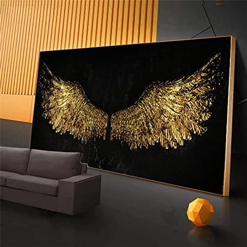 Rumlly Goldene Engelsflügel Bilder Drucke auf Leinwand Gemälde Wandkunst Graffiti Schwarz-Weiß-Poster für moderne Wohnkultur Geschenk 70 x 140 cm rahmenlos