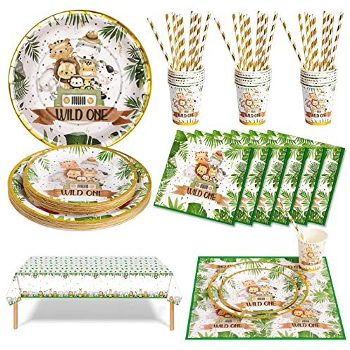 Nkaiso Dschungel Safari Partygeschirr Set 126 Stück Papier Teller Tassen Servietten Strohhalme für Wild One Geburtstag Deko Babyparty Deko Junge für 25 Gäste
