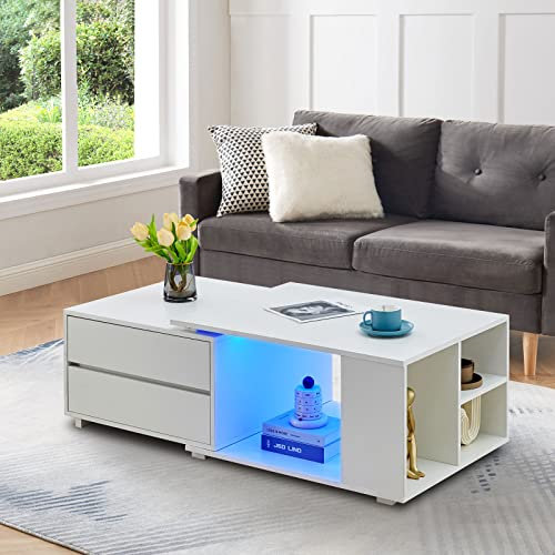 CLIPOP Couchtisch mit LED-Licht, Rechteckiger Wohnzimmer Beistelltisch mit 4 Schubladen und offenem Regal, Dehnbarer Sofa Teetisch für Zuhause, Büro, Lounge