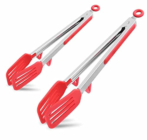 DDSHUN 2 Pack Kitchen Tongs Food Tongs Stainless Steel Cooking Tongs Steak Tongs Heat Resistant with Resting Gadget Non-Slip Locking BBQ Tongs for Cooking, Steak, Barbecue, Buffet, Salad - Red