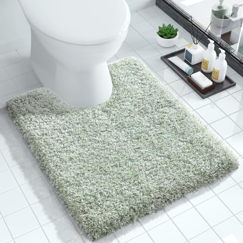 Yimobra Toilet Rugs U Shaped Washable 24X20, Ultra Soft and Water Absorbent Bath Mats, Non Slip Fluffy Shaggy Luxury Microfiber Contour Bath Rugs for Toilet, Dry Quick, Light Green and White