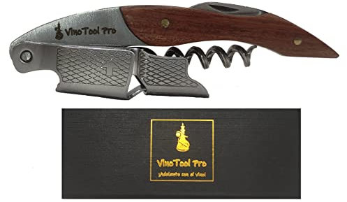 VinoTool PRO: Sacacorchos Profesional Abridor de Vinos Con Caja Regalo Original Accesorio Para Camarero o Sommelier. Mango de Madera Fabricado con Acero Inoxidable Muy Resistente 96gr