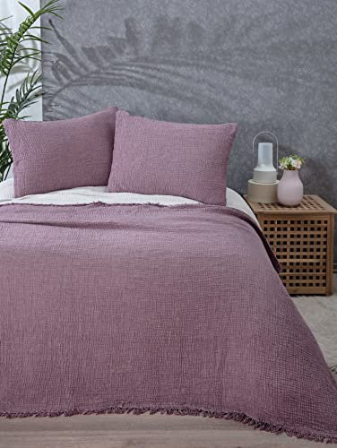 Überwurf aus 100 % Baumwoll-Musselin, 4-lagige Tagesdecke, weiche türkische Baumwoll-Musselin-Bettdecke, wendbarer Bezug, Zwetschgenviolett (Standard-Kissenbezüge 50 x 70 cm)