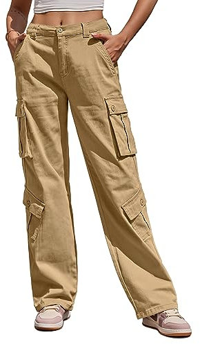 Fuakesor Cargohose Damen Baggy Y2K Multi Taschen High Waist Stretch Wanderhose Sport Jogginghose mit Elastischen Knöcheln(Khaki,L)