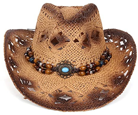 Syangkaitian Chapeau de cowboy en paille pour femme et homme, chapeau de cowboy occidental, chapeau de cowboy en paille pour homme et femme, chapeau de soleil creux respirant à large bord avec bande d